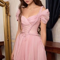 Pink Evening Dress Pleated Chiffon Long Dress - Thumbnail 2
