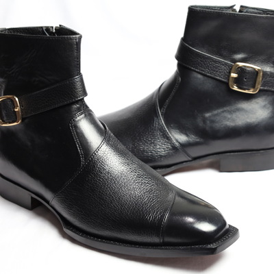 Crafted leather handmade men black leather chukka style buckle strap dress boot