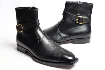 Crafted Leather Handmade Men Black Leather Chukka Style Buckle Strap Dress Boot