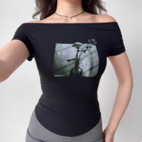 Sexy one-shoulder printed black short-sleeved T-shirt - Thumbnail 2