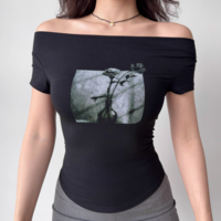 Sexy one-shoulder printed black short-sleeved T-shirt - Thumbnail 3