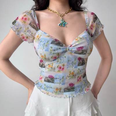 Retro low-cut printed mesh top for women v-neck short-sleeved t-shirt