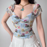 Retro low-cut printed mesh top for women V-neck short-sleeved T-shirt - Thumbnail 1