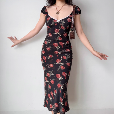 Vintage rose print low cut fitted dress holiday maxi dress
