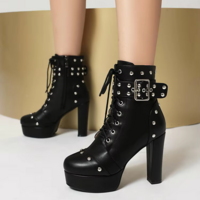 Women's Gothic Punk Belt Buckle Rivet High Heel Boots - Thumbnail 2
