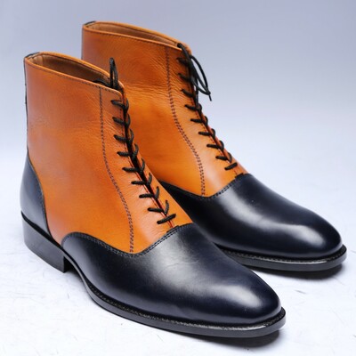 Crafted leather classic men black tan leather ankle high lace up boot