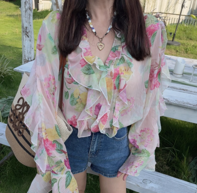 Fashion floral print layered long sleeve shirt
