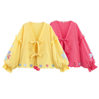 Fashionable and simple heart check embroidered lace-up shirt - Thumbnail 1