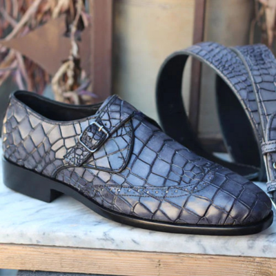 Crafted leather handmade men gray crocodile/alligator leather dress shoes