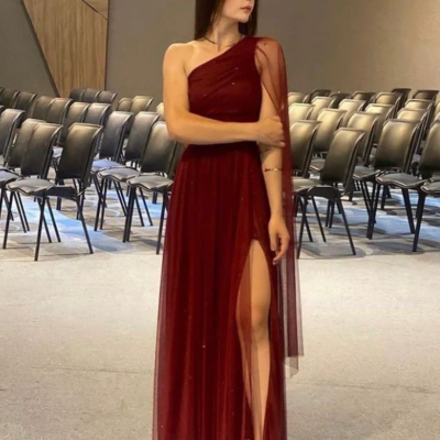 Pretty one shoulder burgundy tulle prom dress slit  - Thumbnail 3