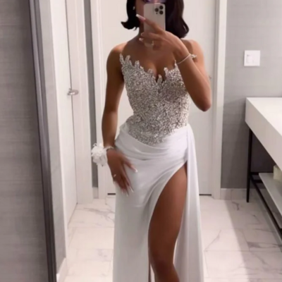 Sheath beading lace appliques split long prom dress  - Thumbnail 1