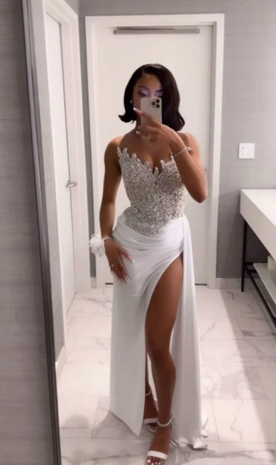 Sheath Beading Lace Appliques Split Long Prom Dress 