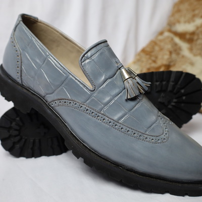 Crafted leather handmade men gray crocodile leather loafers dress shoes
