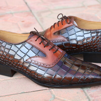 Crafted leather handmade men brown crocodile lace up dress shoes