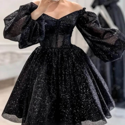 Sparkly puffy sleeve short black homecoming dress - Thumbnail 1