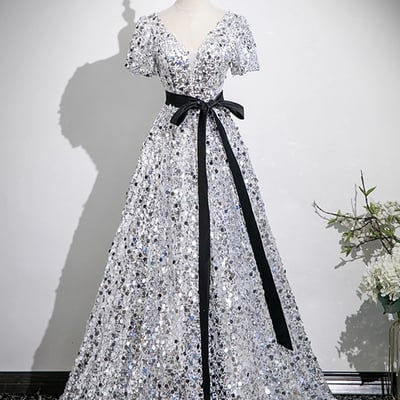 White tulle and silver sequins long prom party dress