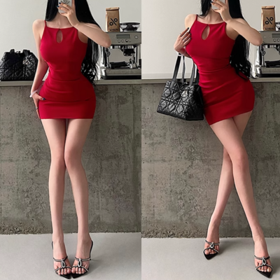 Pleated temperament hollow vest dress waist hip skirt