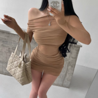 One shoulder long sleeve mesh dress women's mesh sexy hip skirt - Thumbnail 4