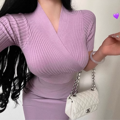 Ice cream short sleeve crossover v-neck knit top