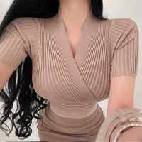 Ice cream short sleeve crossover V-neck knit top - Thumbnail 5