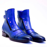 Crafted Leather Handmade Men Classic Blue Leather Jodhpur Boot with Zipper and Button - Thumbnail 1
