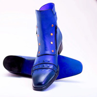 Crafted Leather Handmade Men Classic Blue Leather Jodhpur Boot with Zipper and Button - Thumbnail 3