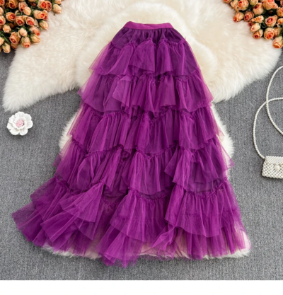 Tulle Layered Flowy Maxi Skirt with Elastic Waist