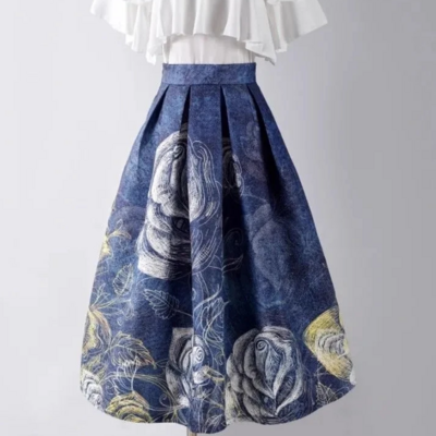 Artistic blue painting vintage high waist a-line ball gown skirt