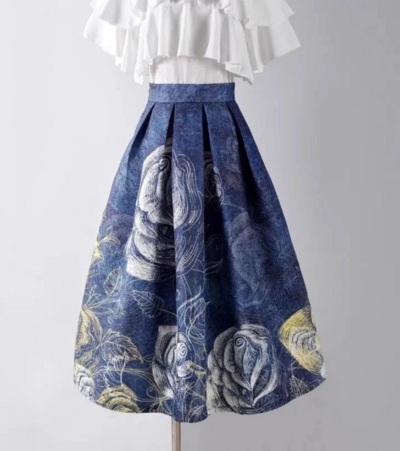 Artistic Blue Painting Vintage High Waist A-Line Ball Gown Skirt