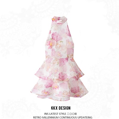 Fashion print slim fit v-neck floral skirt dress