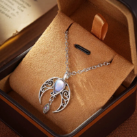 Celestial Boho Gothic Silver Hollow Moon Pendant Necklace - Thumbnail 4