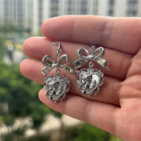 Silver Bowknot Baroque Cherub Heart Drop Earrings - Thumbnail 1
