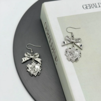 Silver Bowknot Baroque Cherub Heart Drop Earrings - Thumbnail 4