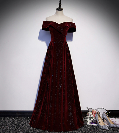 Burgundy velvet long A line prom dress evening dress，1960