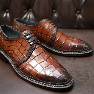 Crafted leather handmade brown crocodile calf leather 5mm hand welted men lace up shoes