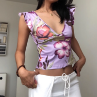 Sexy V-neck floral print slim fit navel-baring cropped T-shirt - Thumbnail 7