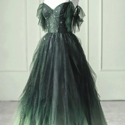A line dark green ombre straps v neck tulle layered long prom dress - Thumbnail 1