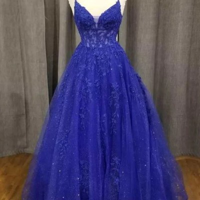 A ling v neck royal blue prom dress with lace appliques  - Thumbnail 1
