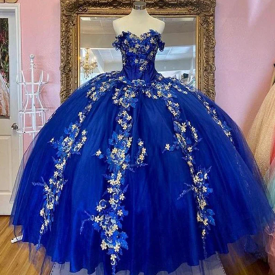Off the shoulder royal blue ball gown quinceanera dresses with 3d flowers sweet 16 dress - Thumbnail 2