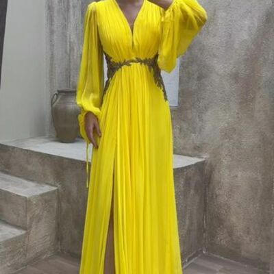 Yellow a line chiffon prom dresses evening gowns formal party gowns - Thumbnail 3