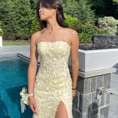 Mermaid yellow lace appliques long prom dress for party - Thumbnail 1