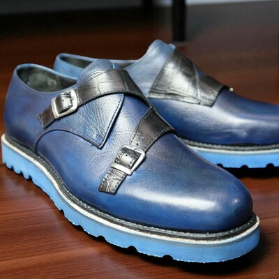 Crafted leather handmade classic blue black crocodile/alligator strap leather dress shoes