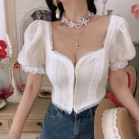 Square neck back sweet style puff sleeve cropped top - Thumbnail 5