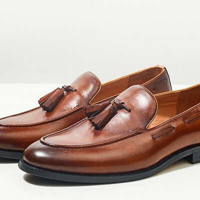 Men's business casual handmade genuine leather shoes tassel loafers 2 colors - Thumbnail 1