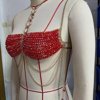 Red Beaded Bralette With Multi-layered Gold Chain Festival Party Clubwear - Thumbnail 2