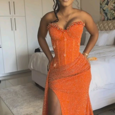 Sweetheart orange mermaid long split prom dresses