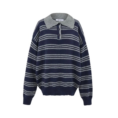 Striped polo collar sweater knitted cardigan women's fashion casual lazy long sleeve pullover top