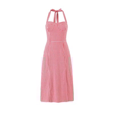 Retro plaid halter neck dress side slit waist suspender midi dress