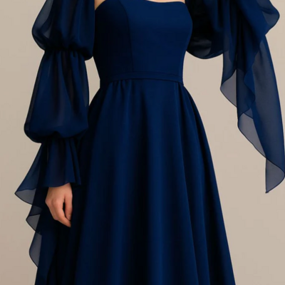 Chic romantic a-line blue prom dresses with long sleeves - Thumbnail 1