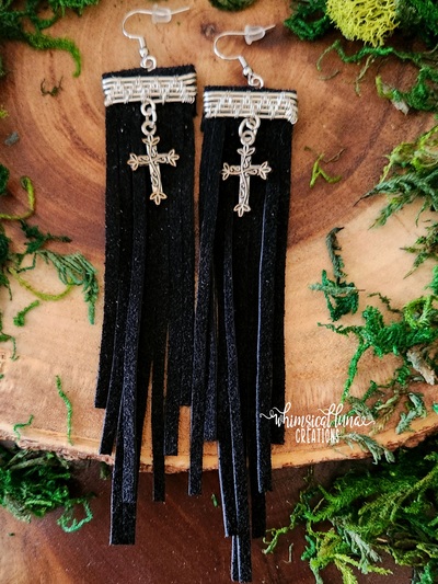 Black Leather Earrings w/Crosses